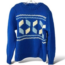 Vintage 70s Fair Isle Chunky Hand Knit Ski Sweater Royal Blue Winter Size Medium