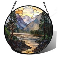 Stained Glass Window Hanging, Sunset Mountains Lake 6.3x6.3 IN Yellow Green