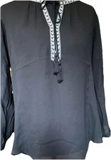 Women’s Blouse Black Boho Tassels Embroidery Flowy V Neck DR2 Small