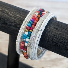 Vintage Beaded Bracelet / Cuff - Beaded Wrap Bracelet Multi Colored  White
