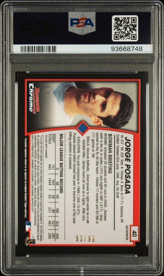 JORGE POSADA 2001 Bowman Chrome золотистая переливающаяся 93/99 PSA 8 почти как новая (Pop 2) - Изображение 2 из 3