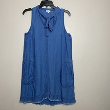 Splendid Chambray Shift Mini Dress Tie Neck Sleeveless Frayed Hem Womens Size XS