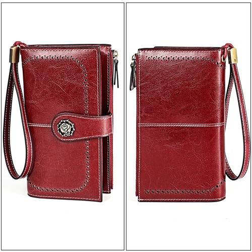 Cartera sin asas larga de cuero genuino para mujer con bloqueo de RFID porta tarjetas de identificación vintage - Imagen 20 de 28