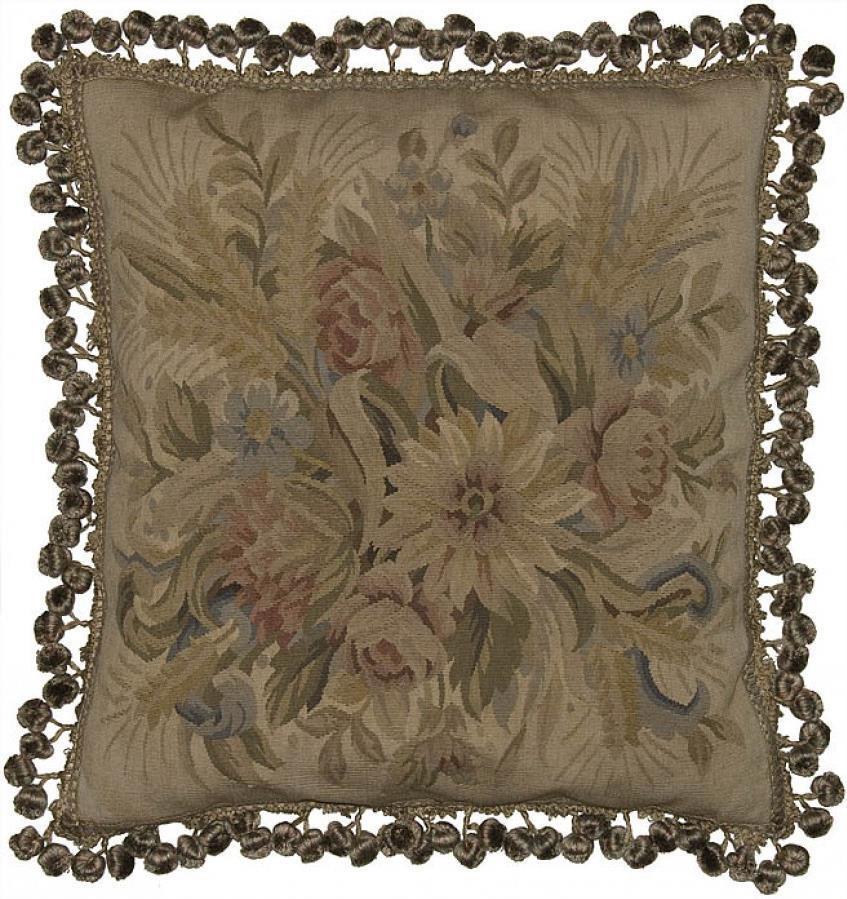 Throw Pillow Aubusson Wheat 20x20 Beige Blue Down Feather Insert Velvet-image