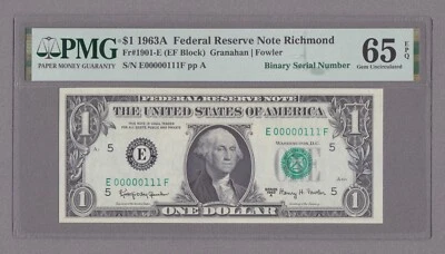 00000111 - LOW TRUE BINARY SERIAL - PMG-65 GRADED NOTE - 2nd OF 3 NOTES SET - Image 1 of 2