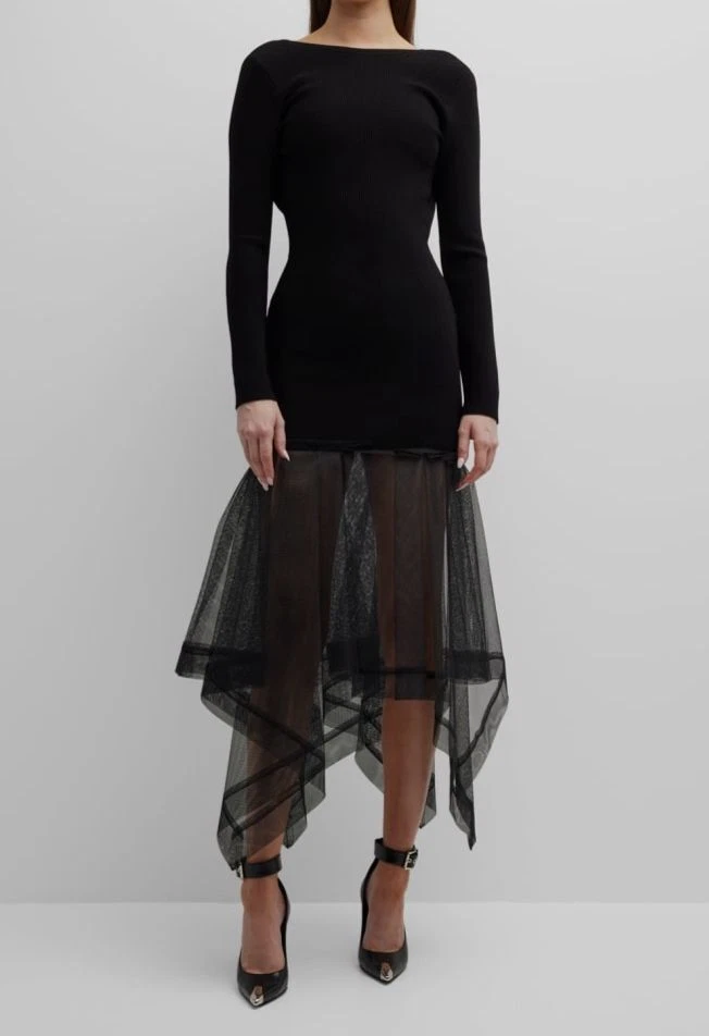 $3790 Alexander McQueen Women's Black Asymmetric Volume Organza Dress Size S