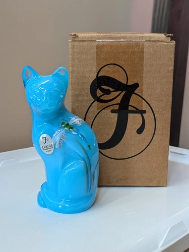Fenton Cat W DRAGONFLIES ON SKY BLUE STYLIZED FIGURINE W Original Box *Signed*