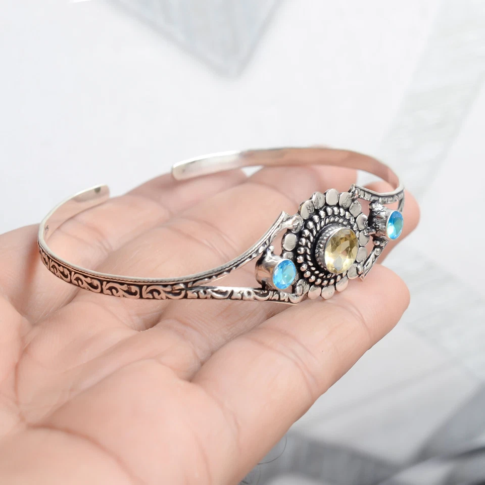 Facettierter Citrin, Blautopas Edelstein Armband 925 Sterling Silber Armreif - Bild 4 von 4