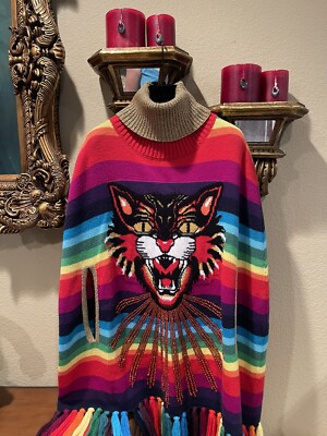 100% Authentic GUCCI Runway Multi Color Rainbow Angry Cat Wool