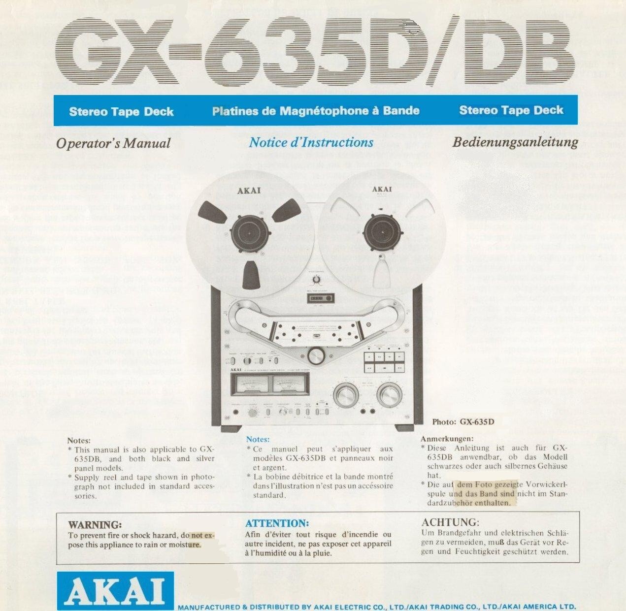 High-res scans of the rare owner's manual for Akai GX-635D/DB reel-to-reel deck