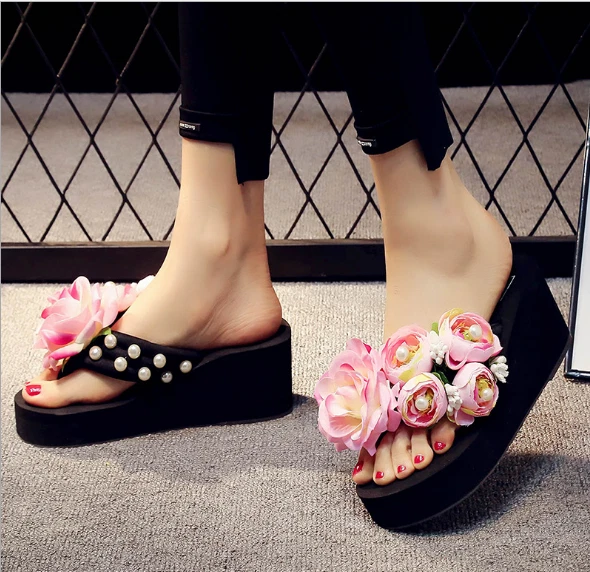 Damas Zapatillas Chanclas Playa Nuevas 3D Flor Cuña Tacón Alto Sandalias Verano Foto 4 de 4