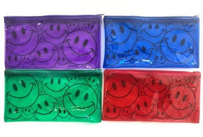 12pcs SMILEY FACES PENCIL CASES WITH ZIPPER, 4 COLORS BLUE/PURPLE/GREEN/RED