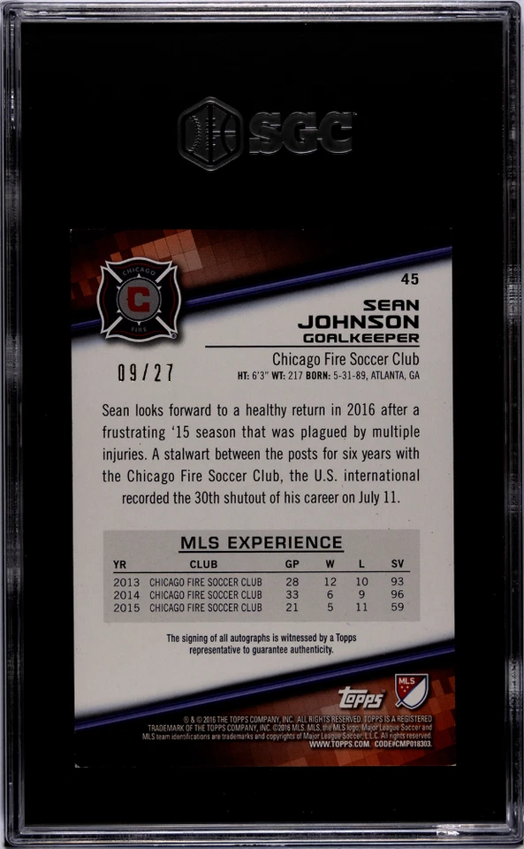 Sean Johnson 2016 Topps MLS Auto /25 SGC 10/8.5 Fire 45 - Image 2 of 2