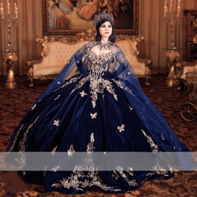 Luxury Navy Blue Quinceanera Dresses Lace Appliques Crystals Ball Gowns  Sweet 16 | eBay