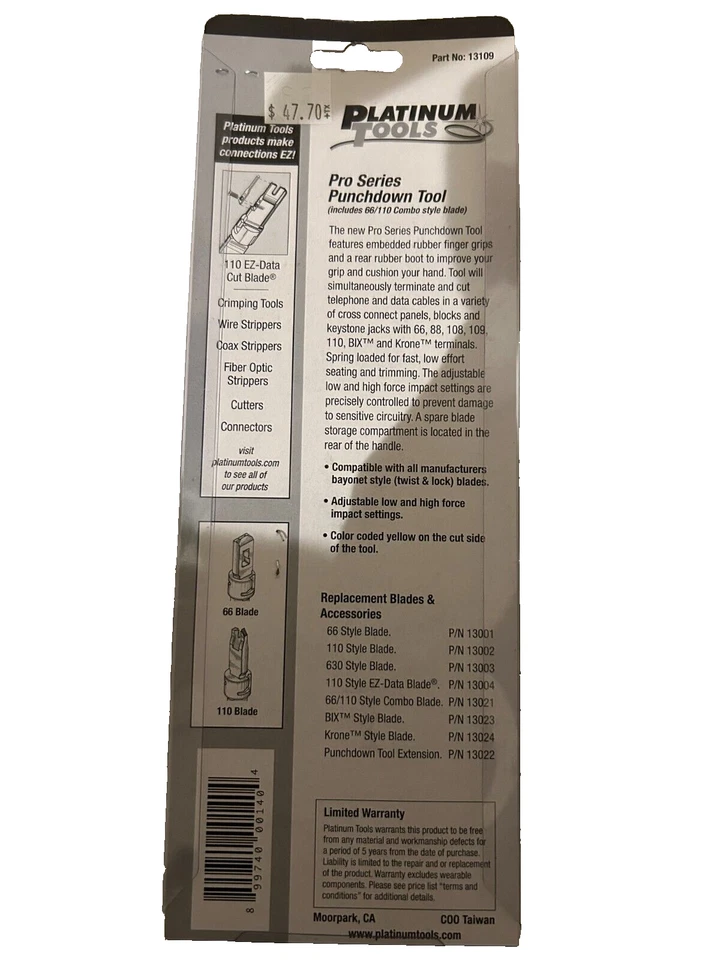Platinum Tools PT Punchdown Tool W/ 66 & 110 Combo Blade New In Box P/N 13109C - Image 3 of 4