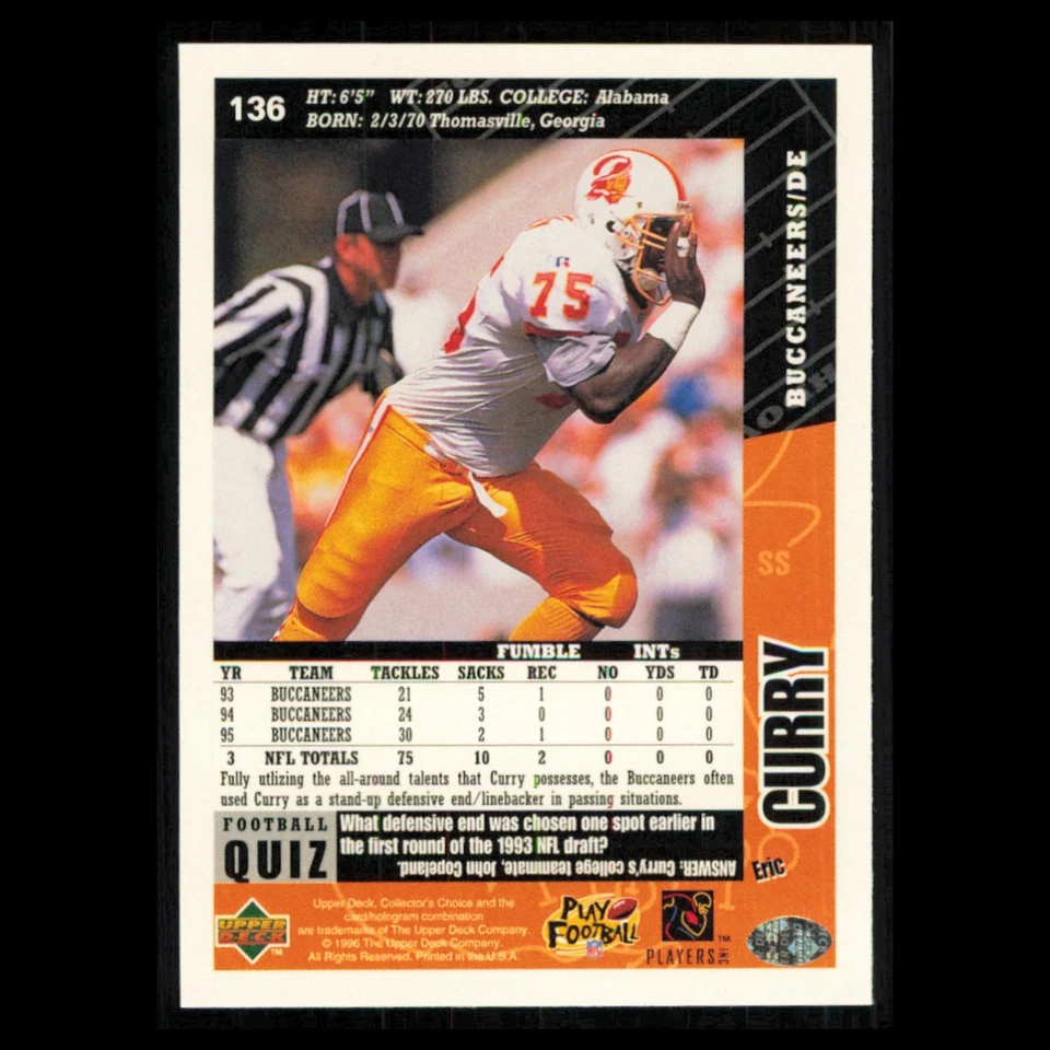 Eric Curry #136 1996 Collectors Choice Tampa Bay Buccaneers Football Card NFL NM - Image 2 of 3