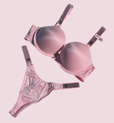 Victoria's Secret Shine Strap Bombshell Push Up Bra Thong Set Pink Stripe NWT