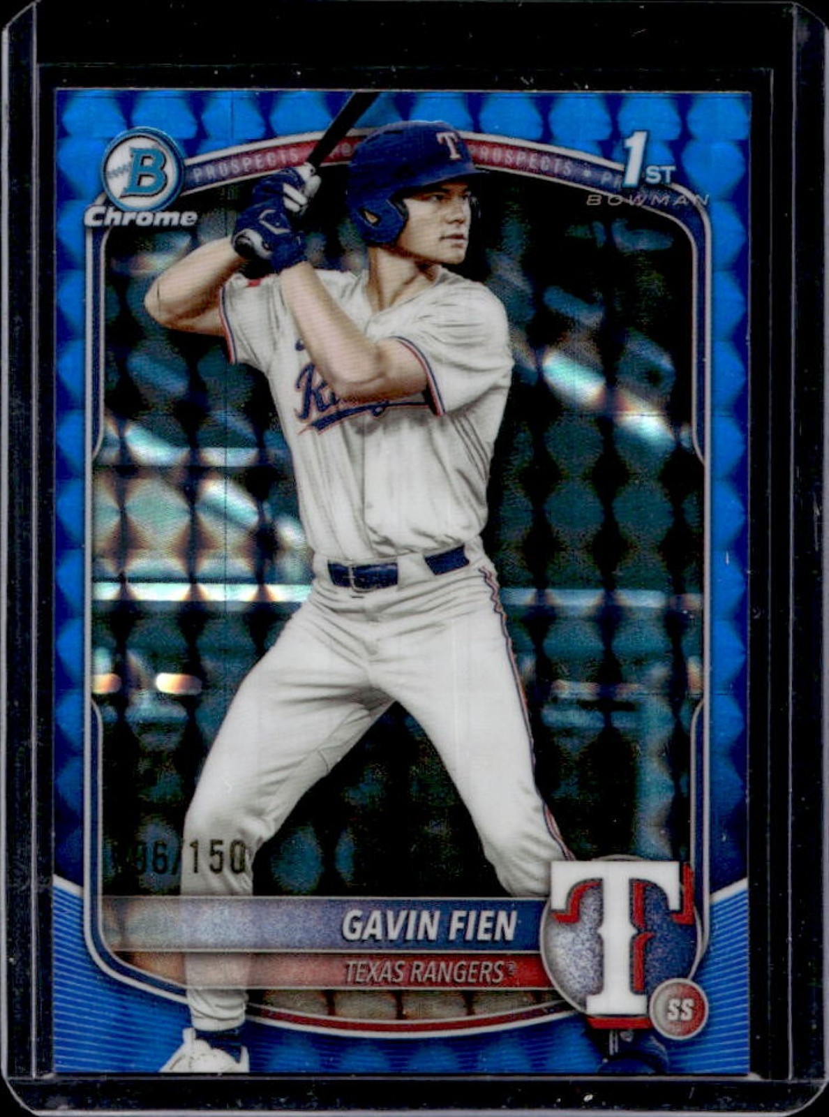 2025 Bowman Draft Gavin Fien Chrome Blue Geometric Refractor 1st #/150 Rangers