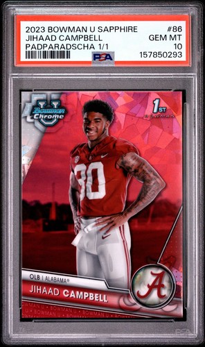 2023 BOWMAN UNIVERSITY CHROME SAPPHIRE JIHAAD CAMPBELL PADPARADSCHA 1/1 PSA 10