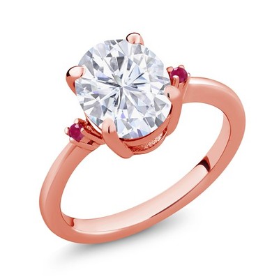 18K Rose Gold Plated Silver Red Ruby Ring Set with Oval Moissanite (3.03 Cttw)