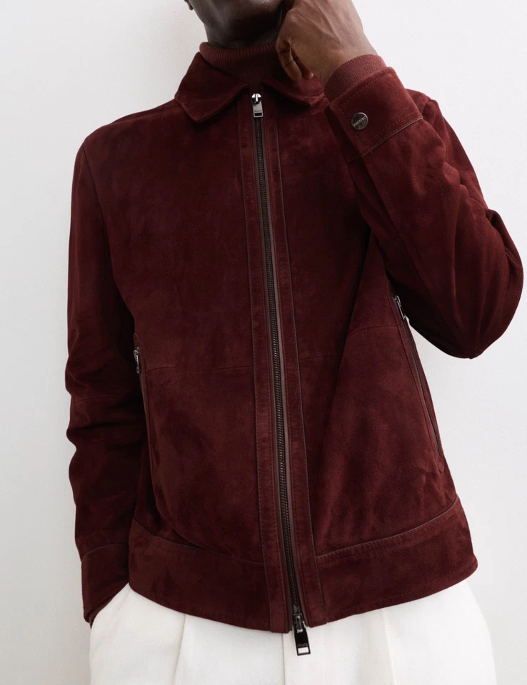 Burgundy Café Racer Leather Jacket for Men Pure Suede Size XS S M L XL CM - Image 2 of 4