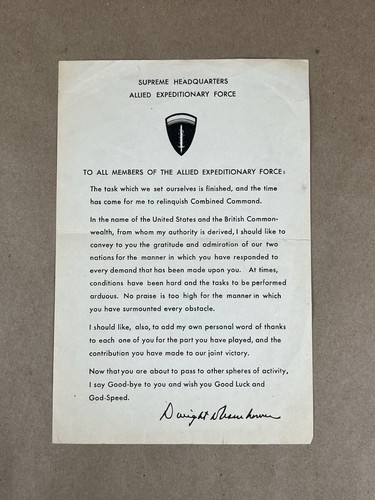 Original Eisenhower WWII Farewell & Thank You Message Victory in Europe SHAEF VE