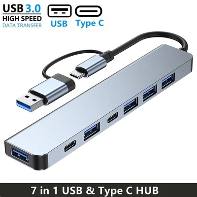 7 in 1 USBC Hub Adapter Dock usb3.0+USB 2.0*2+SD+TF O3 USB+Type C Dual Interfac