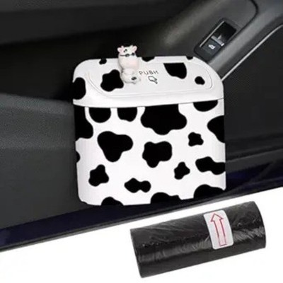 Car Cow Print Trash Can - White Garbage Organizer Holder with Black Trash Bag Ro