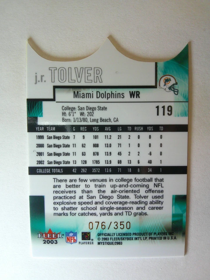 J.R. Tolver 2003 Fleer Mystique #119 Rookie Blue #/350 RC Miami Dolphins - Image 3 of 3