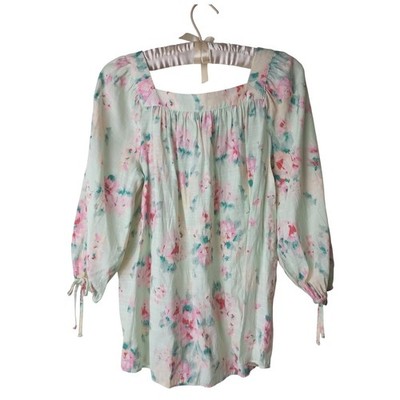Lauren Conrad Floral Square Neck Puff Sleeve Blouse Mint Green Pink XS Easter