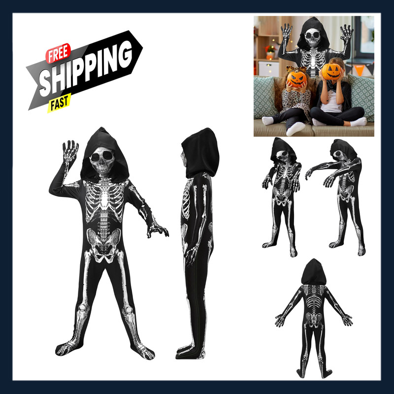 Kids Skeleton Costume Halloween Scary Jumpsuit with Mask for Boys Girls 3-12