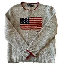 Rare Polo Ralph Lauren American Flag Sweater Knit USA Gray Size M Wool Blend
