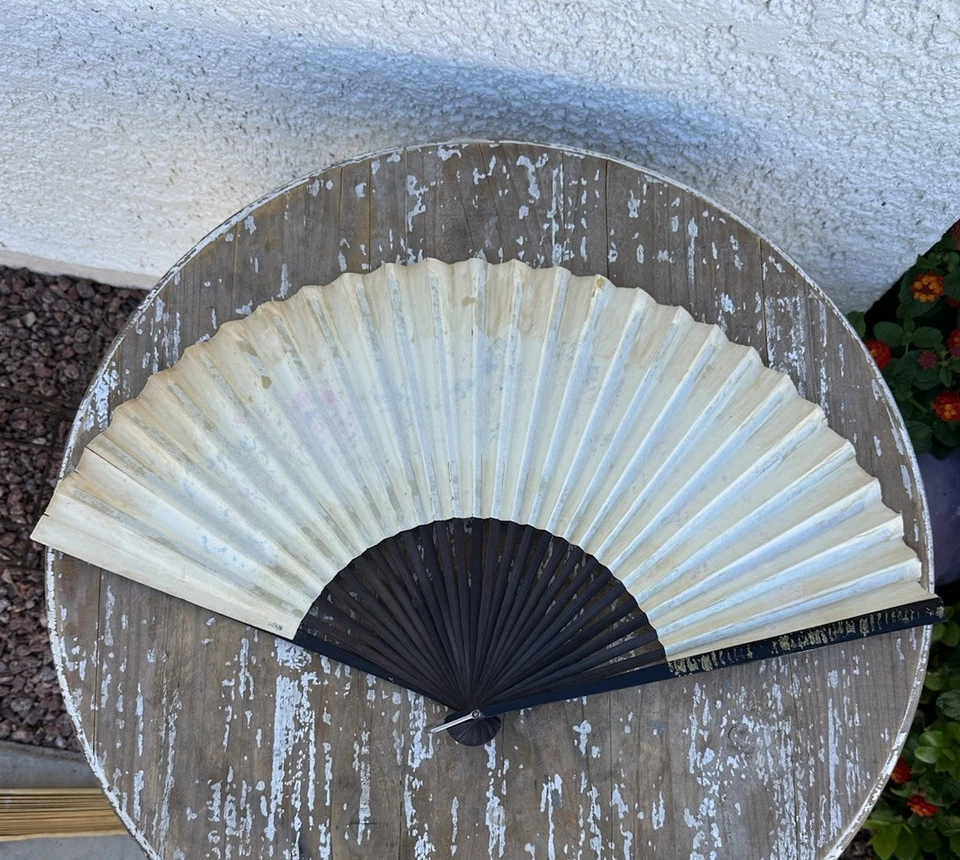 Vintage Asian-Style Hand-Painted Floral Folding Fan Wall Decor - Image 3 of 4