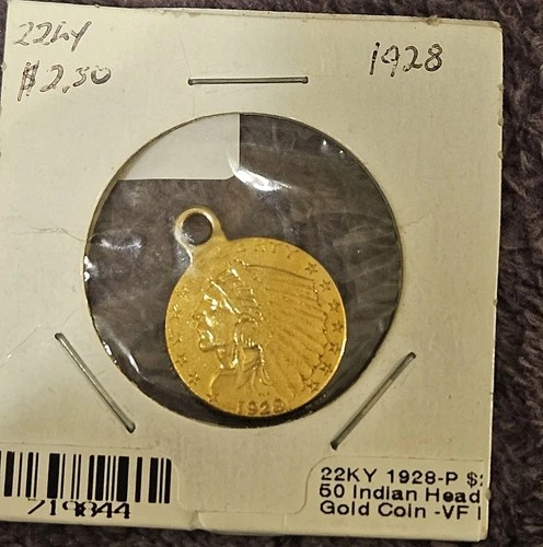 1928-P 22ky GOLD $2.50 Indian Head Gold Coin/14k hoop VERY Fine.
