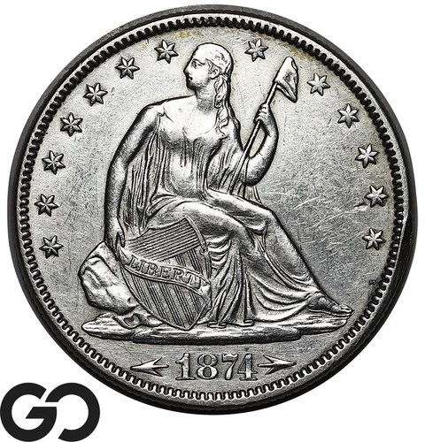 1874 Seated Liberty Half Dollar, Arrows, Choice AU++, Tough Type