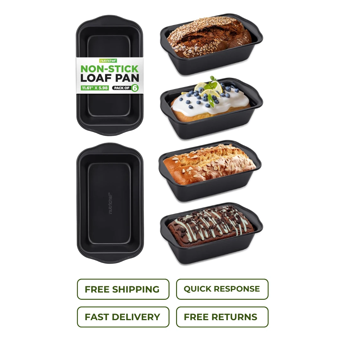 NutriChef 6pc Nonstick Loaf Pan Set Carbon Steel Bread Pans Oven Safe 450°F