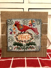 Primitive Punchneedle "Peace on Earth Cardinal" on Planked Plaque