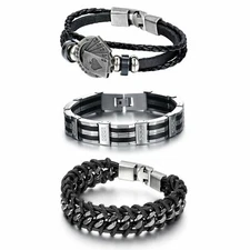 3PCS Biker Braided Leather Stainless Steel Cuban Link Chain Bracelet Bangle Men