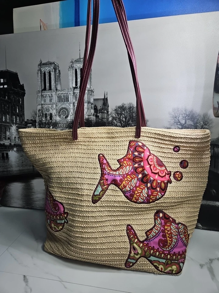 Bolso de Hombro Grande Vera Bradley Tejido Paja Trenzado Bordado 18x14x7" Foto 3 de 4