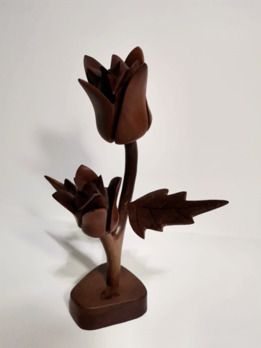 Rare Handcarved Flower Figurine Mahogany Wood 10" Detachable Pieces - Picture 1 of 12