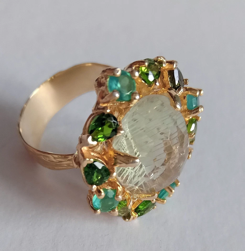 ANELLO ARG. STERLING 925 DORATO CON PRASIOLITE, ONICE E DIOPSIDI NATURALI - Immagine 4 di 4