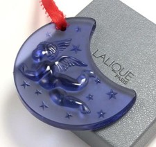 LALIQUE ANGEL CHERUB MOON 1999 FROSTED BLUE CRYSTAL CHRISTMAS ORNAMENT