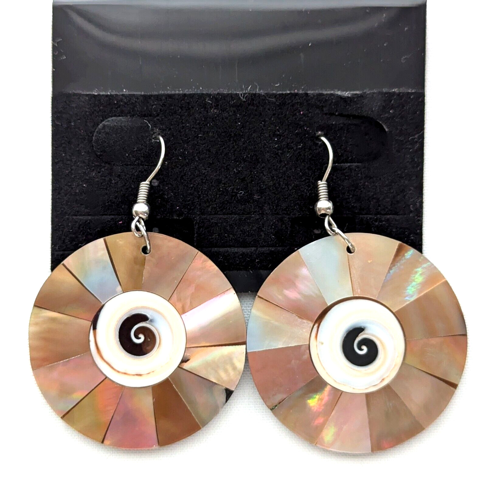 Shell Coin Dangle Earrings MOP Shell Abalone Inla… - image 1