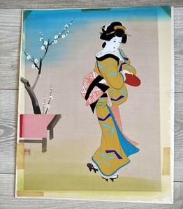 VINTAGE ASIAN JAPANESE GEISHA PAINTING ON SILK KIMONO SIGNED, 12"16", unframed
