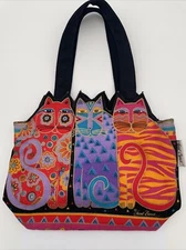 Vintage Laurel Burch Cat Canvas Tote Bag Lined Sun N' Sand Beach Colorful Cat