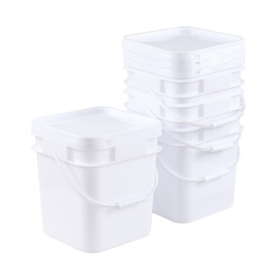 Cand 3 Gallon Square Plastic Storage Bucket Pail W/ Handle & Lid, White 4-Packs