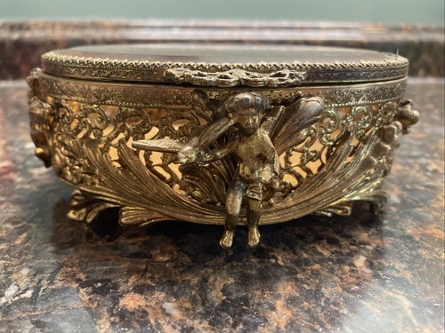 Antique Ormolu Jewelry Box Gold Gilt Cherub & Dove Original Interior Padding - Picture 2 of 8