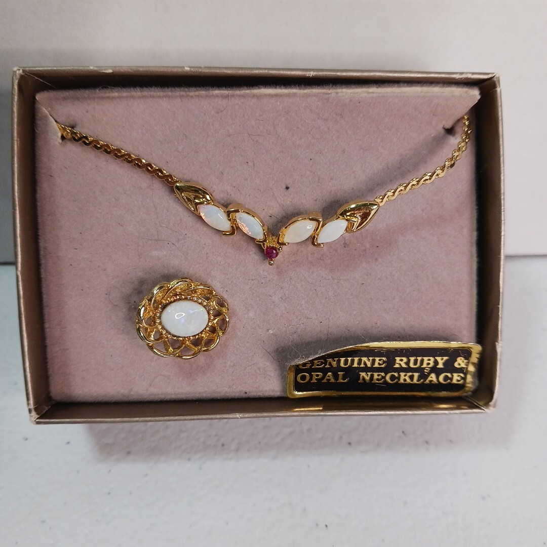 Gold Tone Faux Opal & Ruby Necklace Plus Gold Tone Faux Opal Stickpin