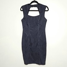 Cache Sheath Dress Size 8 Navy Blue Floral Lace Overlay Knee-Length Evening