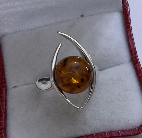 Vtg SGA Sterling Silver 925 Baltic Honey Amber Round Modernist Abstract Ring L - Picture 9 of 11